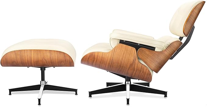 Top Cream White Grain Leather, Mid Century Chaise Lounge Chair and Ottoman, Modern Chair Classic Design, Walnut Wood, Heavy Duty Base Support for Living Room Office