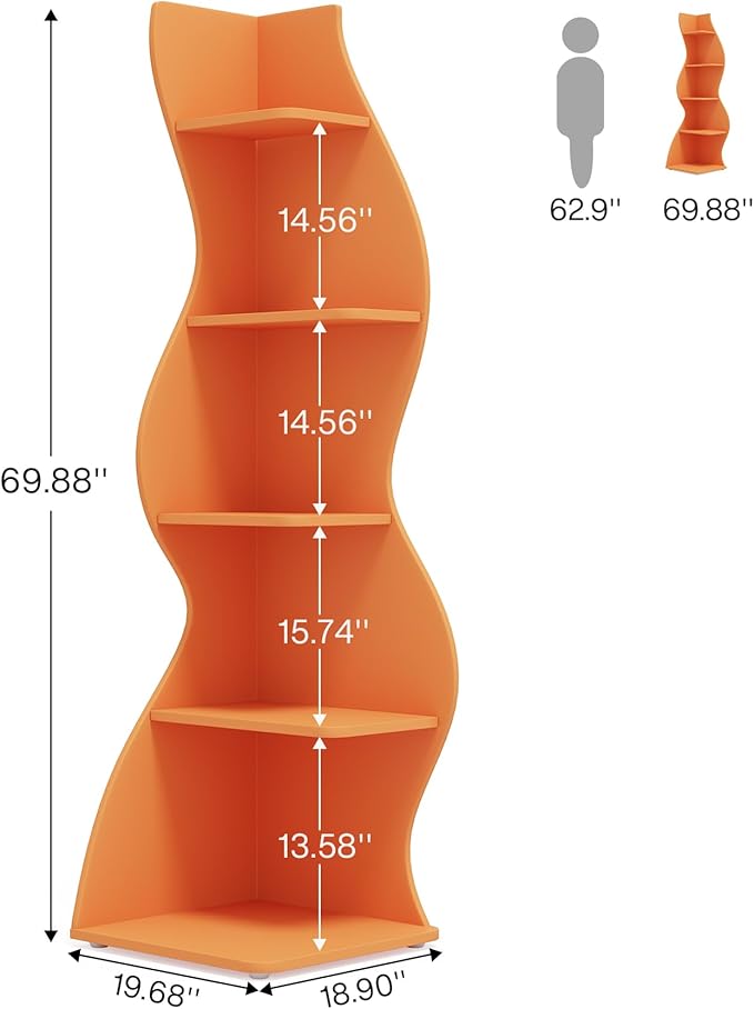 Tribesigns Corner Shelf, Modern 5-Tier Wall Corner Bookshelf, Stylish Corner Small Bookcase Storage Rack Plant Stand with Unique Shape for Living Room, Home Office (Orange, 1PC)