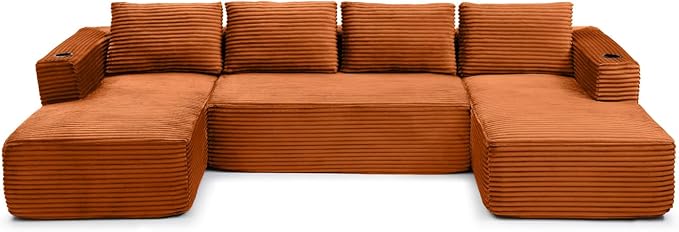 132 Inch Modular Sectional Sleeper Sofa, Boneless Cloud Couch for Living Room, U Shaped 5 Seat Sofa with 2 Cup Holders, Free Combination, No Assembly Required (Orange)