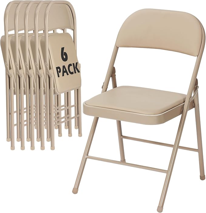 6 Pack Khaki Folding Chairs with Padded Cushion for Outside, Portable Stackable Commercial Metal Foldable Chairs with Steel Frame for Home Events Office Wedding Party, 350lbs Capacity