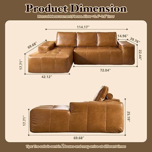 114" Boneless Couches for Living Room, Brown Faux Leather Cloud Sectional Couches with Chaise, Deep Seat L Shaped Modular Sofa, No Assembly Required Sofas in a Box (Left,Faux Leather,Brown)
