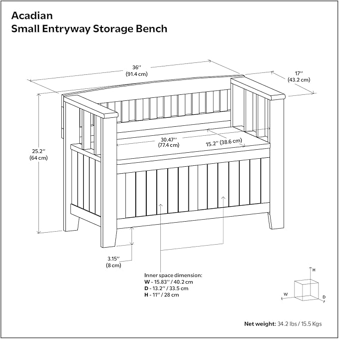 SIMPLIHOME Acadian Entryway Storage Bench - 36 inch Wide Solid Wood Small Hallway Seat in White, Transitional Bench for Mudroom or Entryway with Lift-Up Lid, 2 Compartments and Slatted Backrest