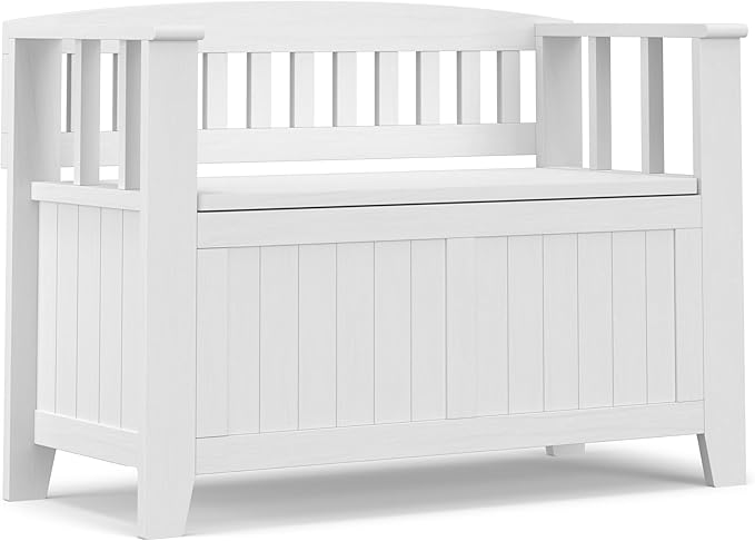 SIMPLIHOME Acadian Entryway Storage Bench - 36 inch Wide Solid Wood Small Hallway Seat in White, Transitional Bench for Mudroom or Entryway with Lift-Up Lid, 2 Compartments and Slatted Backrest