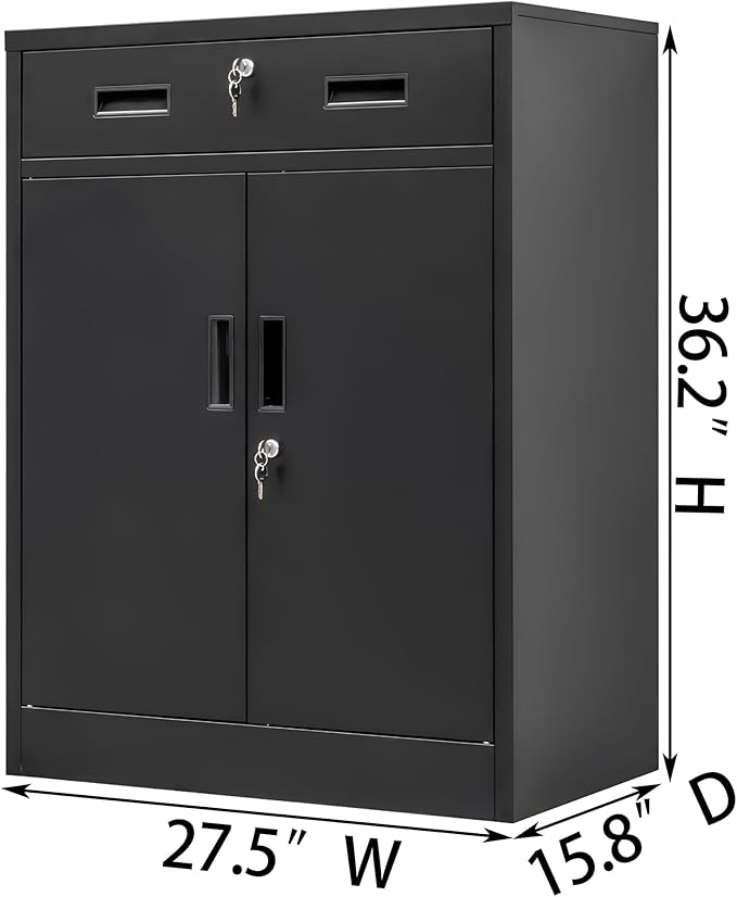 Metal Storage Cabinet, 36 Inch Tall Metal Storage Cabinet with Doors and Shelves, Pantry Cabinets with Drawer for Kitchen Storage, Garage Cabinet for Living, Dining Room, Assemble Required.