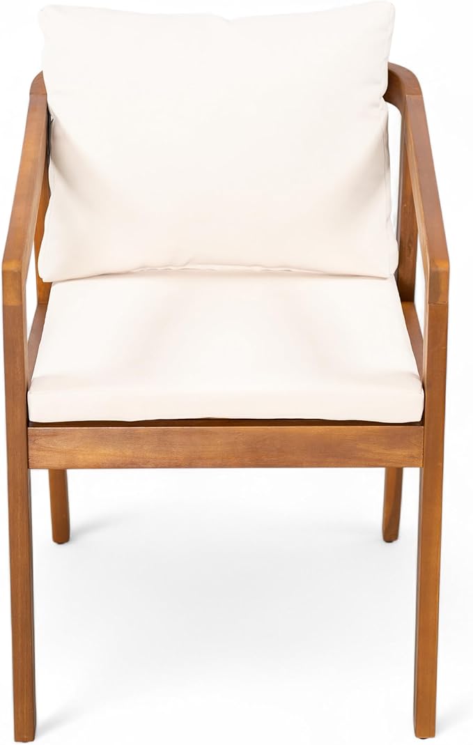 Christopher Knight Home Lucid Set of 2 Outdoor Dining Chair, Acacia Wood Frame Dining Chairs, Accent Chair Set with Comfortable Cushions, Patio Armchair for Backyard Poolside Garden, Natural + Beige