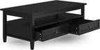SIMPLIHOME Warm Shaker Coffee Table - 48 inch Wide Solid Wood Cocktail Table in Black, Transitional Living Room Table with 2 Storage Drawers and Open Shelf for Sitting Area or Lounge