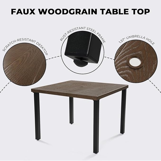 Grand patio 5-Piece Outdoor Dining Set for 4, Metal Woven Wicker Fixed Patio Chairs with Thickened Cushions & 1 Square Woodgrain Dining Table with Umbrella Hole for Backyard Deck (Natural)