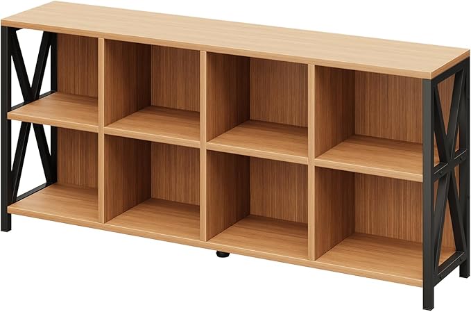 63" 8 Cube Horizontal Bookshelf Long Bookshelf Wood Cube Storage Organizer Rustic Wood Cubby Bookcase for Living Room Walnut