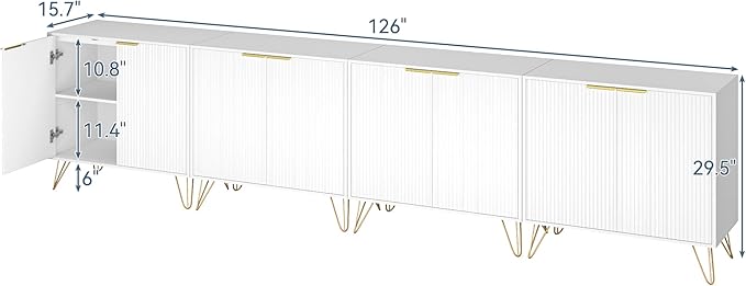 Storage Cabinet Set of 4, White Fluted Cabinet with Adjustable Shelves, Modern Coffee Bar for Kitchen, Living Room and Office