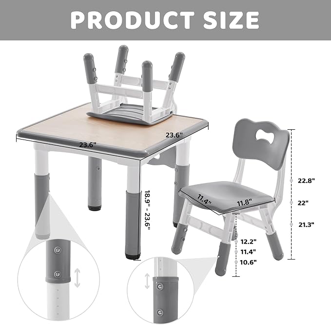 Kids Table and 2 Chairs Set, Height-Adjustable Toddler Table and Chairs Set with Graffiti Desktop, 23.6''L x 23.6''W Children Activity Table for Daycare, Classroom, Home, Grey-w