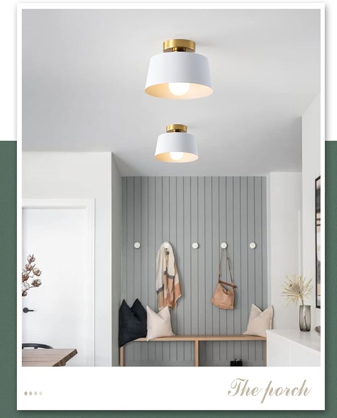 Ceiling Light Fixture, Hallway Ceiling Light with Gold Plate and Matte Black Shade, Modern Simple Style Porch Light Fixtures Semi Flush Mount (White)