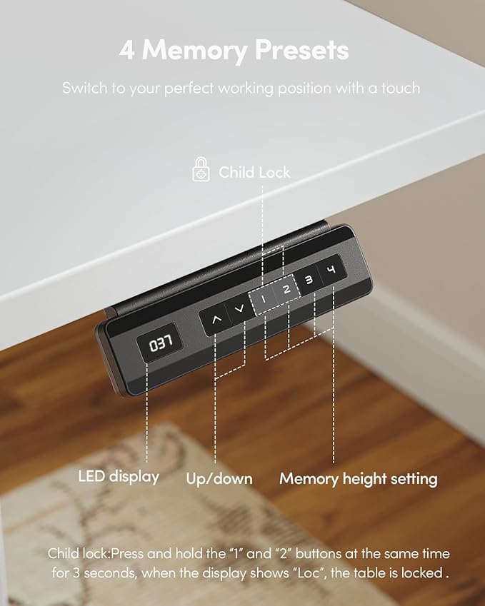 FEZIBO One-Piece Standing Desk Adjustable Height Stand up Home Office Desk, 48x24 Inch Electric Standing Computer Desk, with 4 Memory Presets, Headphone Hook, White