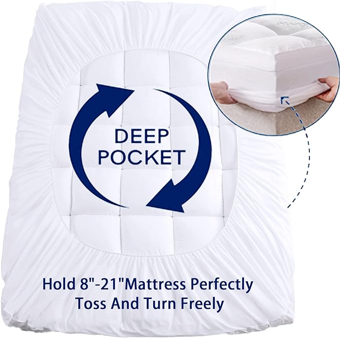 Mattress Topper Queen Size, Cooling Extra Thick Breathable Viscose Made from Bamboo Mattress pad, Soft Quilted Fitted Mattress Cover with 1000 GSM Down Alternative Fill (8-21”Deep Pocket)