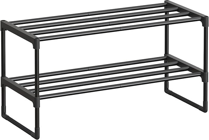 SONGMICS Shoe Rack, 2-Tier Shoe Organizer, Metal Storage Shelf, Upright or Upside Down, for 6-9 Pairs, Stackable, for Entryway, 11.8 x 26.8 x 13.2 Inches, Black ULSA202B01