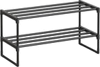 SONGMICS Shoe Rack, 2-Tier Shoe Organizer, Metal Storage Shelf, Upright or Upside Down, for 6-9 Pairs, Stackable, for Entryway, 11.8 x 26.8 x 13.2 Inches, Black ULSA202B01