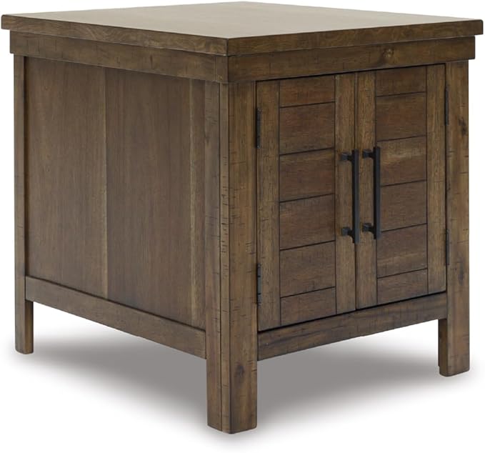 Signature Design by Ashley Moriville Rustic Farmhouse Rectangular End Table with Dual Cabinet Doors, Antique Bronze-Tone Hardware, Wood, 25" High, Brown
