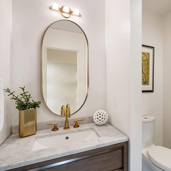 Andy Star Brass Oval Mirror, 24x40 Inch Bathroom Mirror Gold, Brass Vanity Mirror, Pill Shaped Mirrors Gold Metal Frame Stainless Steel 1’’ Deep Hang Vertically & Horizontally