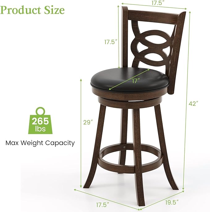 ERGOMASTER Swivel Bar-Stools Set of 2 Counter Height Barstool 29 Inch Seat Bar Chair Rubberwood Frame Brown for Rustic & Classic