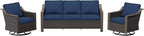 3 Pieces Outdoor Patio Conversation Furniture Set - 75" 3-Seat Sofa | 2 Swivel Glider Rocker Chairs | Wicker End Table, Rattan Couch, Metal armrests, Deck (Navy Blue)