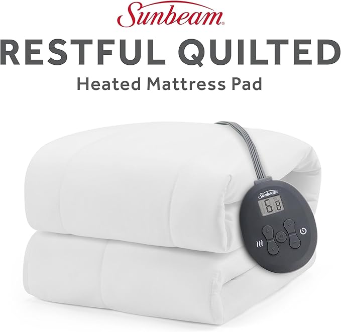 Sunbeam Electric Heated Mattress Pad Restful Quilted Extra-Cozy Fabric 12 Heat Settings 12-Hour Auto Shut-Off Deep Pocket Fit Machine Washable Twin 75" x 39"
