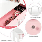 Costzon Kids Vanity, Girls Vanity Set with Tri-Folding Mirror, Stool, Storage Drawer, Princess Toddler Makeup Vanity Desk Dressing Table, Wooden Kids Vanity Table and Chair Set (White)