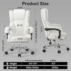 Big and Tall Office Chair, Executive Home Office Desk Chair, Leather Computer Chair with Retractable Footrest, Adjustable Headrest and Reclining Height, Padded Arms, 360°Swivel Free, Wide Seat, White