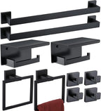 Bathroom Hardware Set Bathroom Accessories Set SUS304 Towel Bar Set Includes Towel Bar Inch+Towel Holder+Toilet Paper Holder+Towel Hook (10, Matte Black-Paper Holer with Cover+Towel Ring)