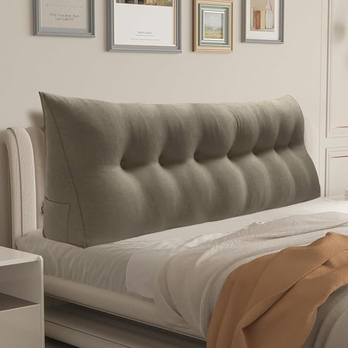 WOWMAX 85% Linen 15% Cotton Blend Headboard Pillow – King Size Reading Wedge Backrest for Bed, Handmade Firm Support Bolster Cushion with Removable Cover, Premium Bed Rest Pillow, Light Gray