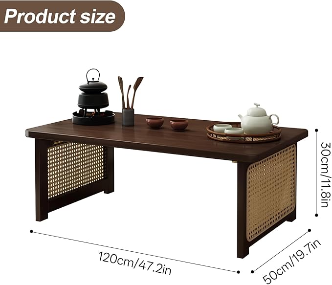 Foldable Japanese Floor Table Lightweight,No Assembly Required, Eco-Friendly Wood,Low Table for Sitting on the Floor, Perfect for Tatami,Meditation,Living Room Use (Walnut Color, 47.24 INCH)