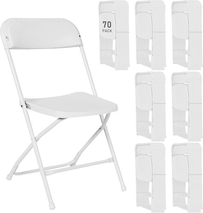 70 Pack Plastic White Folding Chairs, Portable Stackable Commercial Party Folding Chairs with Steel Frame 350lbs for Home Office Outdoor Indoor Office Wedding Party Event