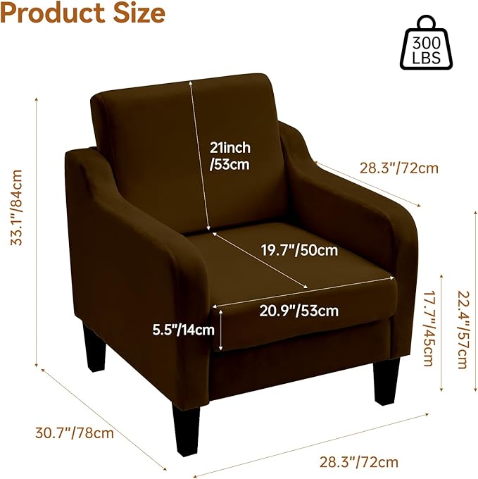 Accent Chair for Living Room, Modern Velvet Living Room Chairs with Wide Backrest, Upholstered Comfy Chair with Cushion, Oversized Sofa Chairs with Wood Legs, Single Armchairs, Brown