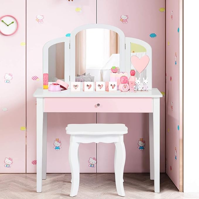 Costzon Kids Vanity, Girls Vanity Set with Tri-Folding Mirror, Stool, Storage Drawer, Princess Toddler Makeup Vanity Desk Dressing Table, Wooden Kids Vanity Table and Chair Set (White)