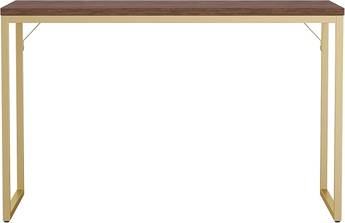 Martha Stewart Noah Home Office Parsons Desk in Walnut Wood Grain with Polished Brass Metal Frame