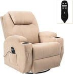 Flamaker Rocking Chair Recliner Chair with Massage Swivel Ergonomic Lounge Chair Classic Single Sofa with 2 Cup Holders Side Pockets Living Room Chair Home Theater Seat (Beige)