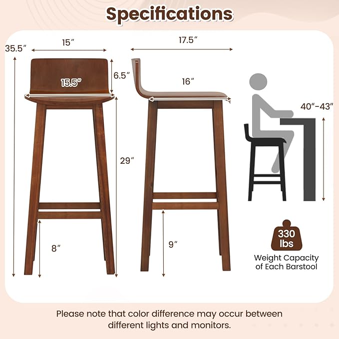 COSTWAY Solid Wood Bar Stools Set of 4, 29-inch Counter Height Chairs with Low Back and Footrest, Farmhouse Wooden Armless Barstools for Kitchen Island, Dining Room, Cafe, Breakfast, Brown