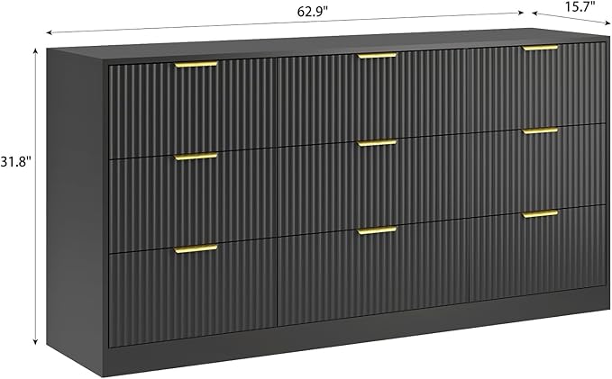 9 Drawer Dresser for Bedroom with Deep Drawers, 63" Wide Wood Dresser, Large Floor Chest of Drawers, Modern Long TV Stand, Storage Cabinet Side Table, Black