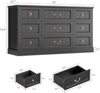 AOGLLATI Farmhouse 9 Drawers Dresser for Bedroom, 63" Wide Wood Rustic Chest of Drawers with Natural Texture, Vintage Design, Long Wide Storage Dresser for Bedroom, Black