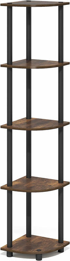 Furinno Turn-N-Tube Corner Shelf, 5-Tier Corner Bookshelf, Open Storage Shelves, for Organization and Storage, Living Room, Home Office, Garage, Bedroom, Amber Oak
