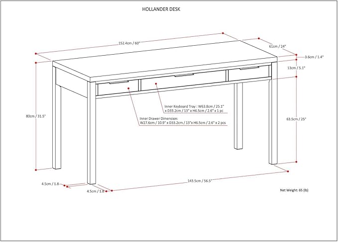 SIMPLIHOME Hollander Desk - 60-Inch Wide Solid Wood Writing Desk in White, Contemporary Home Office Computer Table for Workspace or Study with 2 Drawers and Flip-Down Keyboard Tray