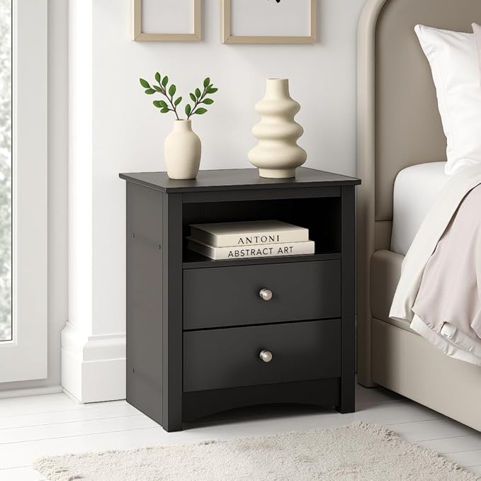 Prepac Sonoma 2 Drawer Nightstand: Elegant Bedroom Furniture, Bedside Table with Open Shelf, 23.25"W x 16"D x 28"H, Black