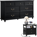 Farmhouse Dresser and Nightstand Sets, Wood 54" Wide Dresser & 24" Night Stand with Charging Station, 2 Piece Bedroom Furniture Set, Chest of Drawers for Bedroom, Home, Living Room, Hallway