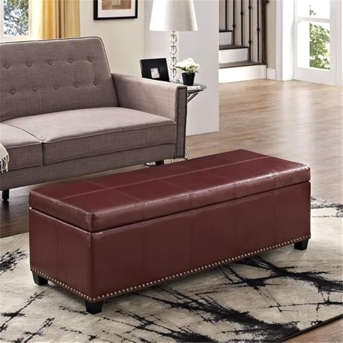 SIMPLIHOME Kingsley 48 inch Wide Transitional Rectangle Large Storage Ottoman in Radicchio Red Vegan Faux Leather, Assembled, For the Living Room, Entryway and Family Room
