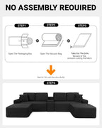 150" Oversized Modular Sectional Sofa,Deep Seat Cloud Corduroy Boneless Couch with Cup Holders,USB Ports, Wireless Charging & Storage Box,Upholstered Modular Sleeper Sofa for Living Room (Black)