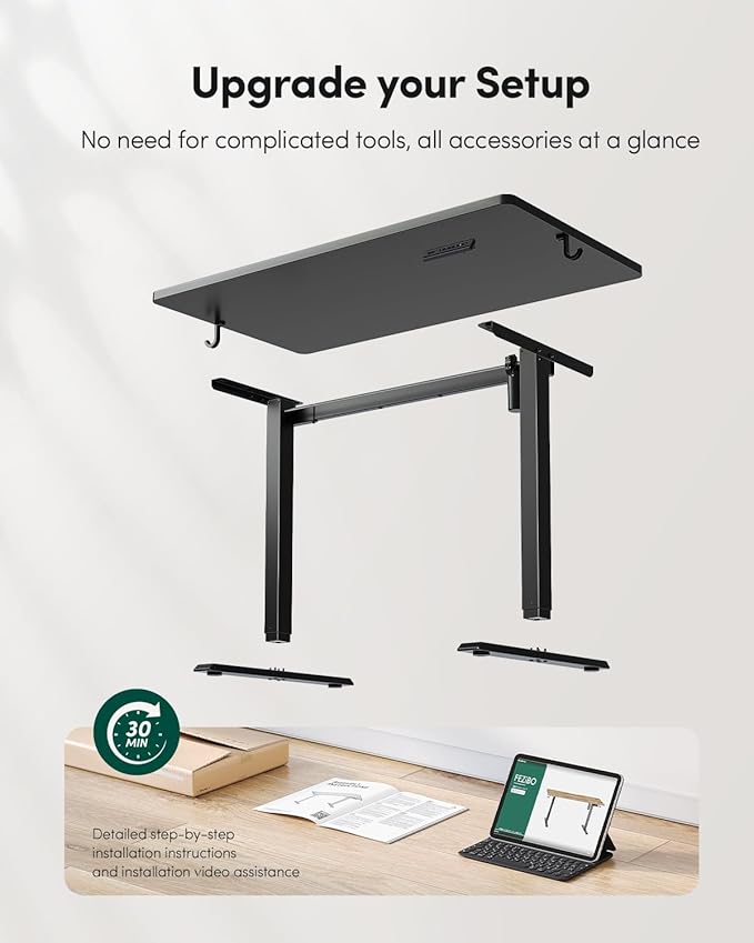 FEZIBO One-Piece Standing Desk Adjustable Height Stand up Home Office Desk, 32x20 Inch Electric Standing Computer Desk, with 4 Memory Presets, Headphone Hook, Black