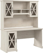 Bush Furniture Lennox 60W Farmhouse Desk with Hutch and Storage Cabinet in Linen White Oak | Computer Table for Home Office