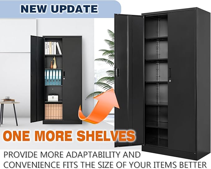 BESFUR 71" H Metal Storage Cabinet with 5 Adjustable Shelves and Lockable Doors, Locking Cabinet for Garage, Classroom and Office - Black