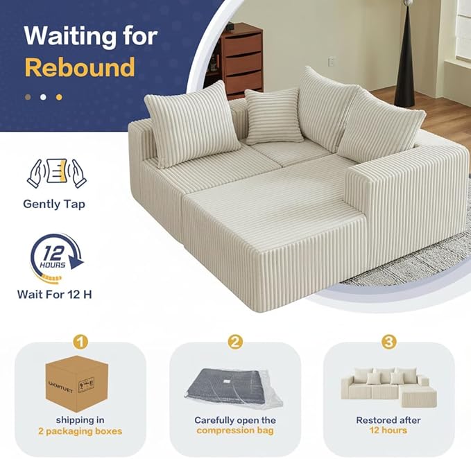 100.7 Inch Cloud Sectional Couch, Boneless Sofa for Living Room, Corduroy Modular Couch with L Shape Chaise, Modern Compressed Sofa in a Box, Memory Foam Filling (Beige)