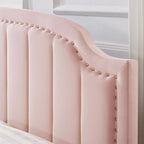 24KF Velvet Fabric Upholstered Queen/Full Headboard with Nail Trims,Modern Vertical Channel Design with Curved Headboard, 6052-Q-Pink