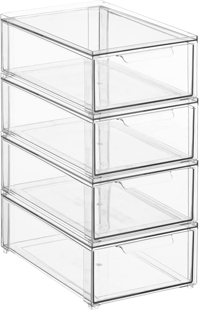 mDesign Plastic Stackable Bathroom Storage Organizer Bin with Pull Out Drawer for Cabinet, Vanity, Shelf, Cupboard, Cabinet, or Closet Organization - Lumiere Collection - 4 Pack - Clear
