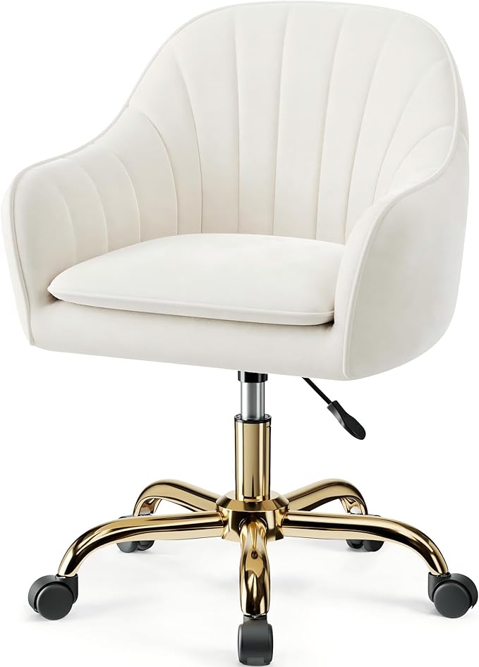 Comfy Home Office Desk Chairs Vanity Chair with Wheels Adjustable Modern Velvet Makeup Vanity Chairs for Bedroom Living Room（White）